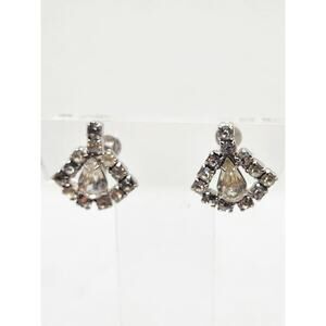 Vintage Rhinestone Earrings Teardrop Screw Back Fan Silver Tone Sparkly Retro